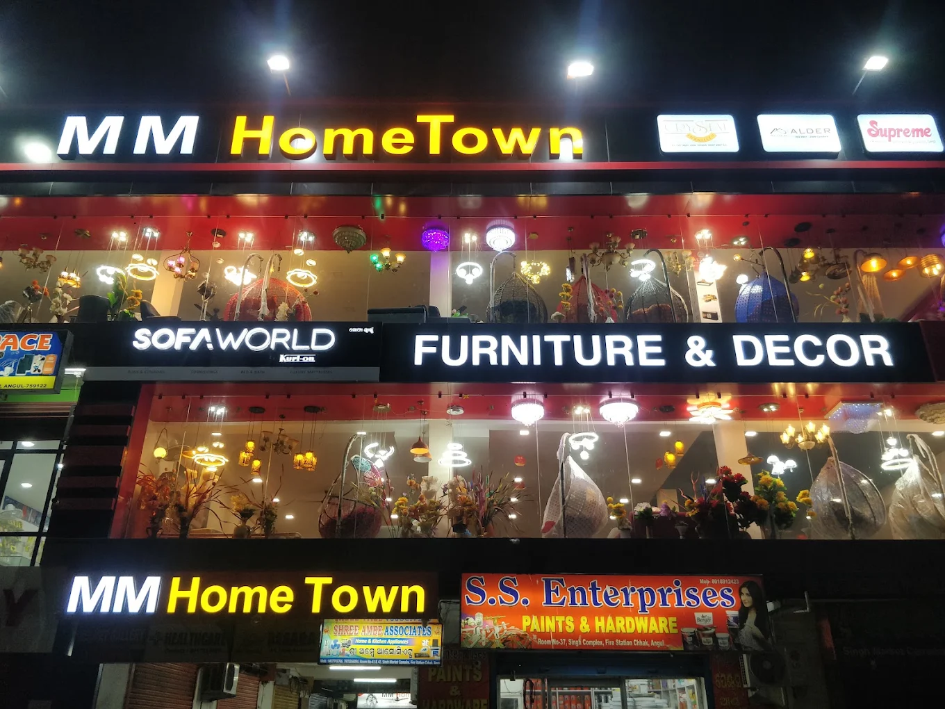 MM HomeTown 3-Story Showroom Facade at Night in Angul